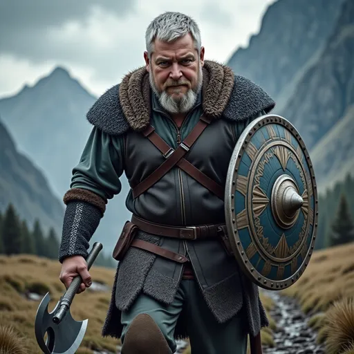 Prompt: A highly detailed, realistic photograph of @aCEmOVUKz3OPpYx94Q2R as a fierce Viking warrior striding forward. He is clad in rugged chain mail armour adorned with intricate Norse patterns and a helmet with a nose guard, showcasing his muscular build. In his left hand, he grips a large, round shield emblazoned with a bold emblem, while his right hand is raised, holding a gleaming battle axe poised for action. He is dirty and blood-stained. The background features a misty Nordic landscape with rugged mountains and a stormy sky, casting dramatic shadows across the scene. The lighting emphasizes the warrior's determined expression and the texture of his weathered skin, creating a powerful atmosphere of impending battle.