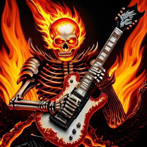 Skeleton with flaming skull shredding guitar in hell...