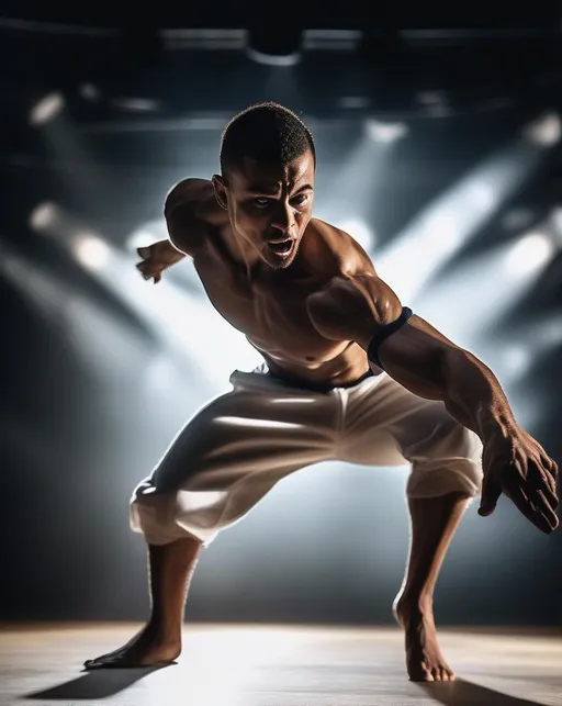 Prompt: A powerful athlete captured mid-kick, body arched back, muscles tensed, performing an athletic capoeira move. Bright stage lighting spotlights the dancer executing the dynamic pose against a dark background. Photographed from a low angle perspective with a 24-70mm lens on a Canon 5D Mk IV to emphasize the height and strength of the kick. Conveys beauty, control, and discipline.