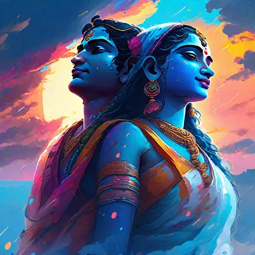 Prompt: Animated Radha and Krishna beautiful face looking at sunset side view, cyberpunk, trippy sky, sky colour light blue and white, raining,vibrant colors, HD, 4K, professional brush work, detailed, cinematic shot, better, procreate, live image, oil painted and smooth