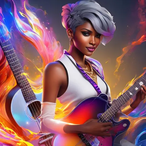 Prompt: splash art, hyper-detailed perfect face, full body, vibrant colors, hyper-realistic, highly detailed. a dark-skinned woman, with gray hair {pixie style haircut}, pointy ears, soft facial features, and a pretty face. She is dressed stylishly in linen pants, playing guitar