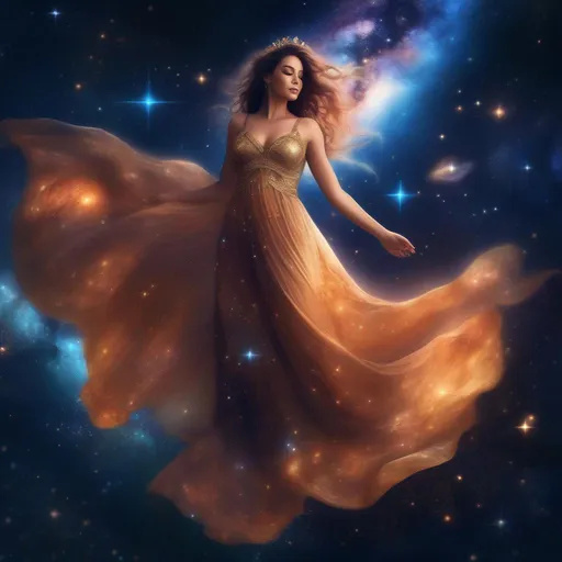 Prompt: A Goddess in a flowing dress, incredible all body form of a incredible bodied, incredibly beautiful faced woman with a buxom perfect body falling backwards through space, nebulas, stars, planets, the milky way and galaxies