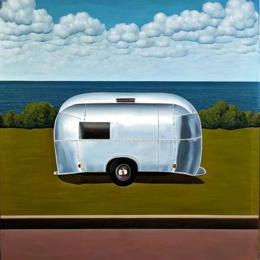 Prompt: Rene Magritte inspired painting of an Airstream backing up into a spot with a view of a waterfall 