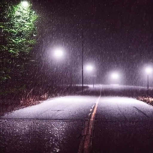 Prompt: a rainy forest in the night with two cars with the lights off traveling trought a road 
