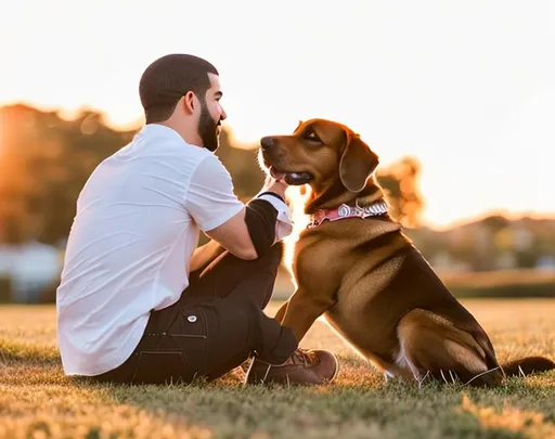 Prompt: Drake loves his dog, during the sunset, cherish