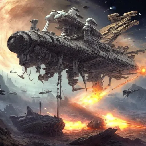 Prompt: star ship space wreck sci-fi ancient war skeleton space battle