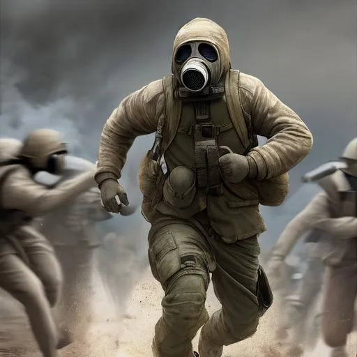 Man With a gas mask running in a battle
