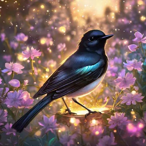 Prompt: A cute translucent willy wagtail with rabies that is glowing, fanned tail, in a garden, sunrise,  beneath the stars, bioluminescent, highres, best quality, concept art