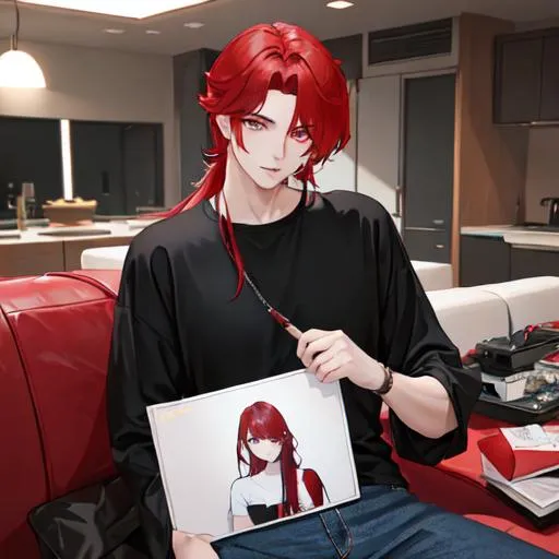 Prompt: Zerif 1male (Red side-swept hair covering his right eye) looking through a photo album, wearing a black shirt, wearing denim pants, UHD, 8K, highly detailed