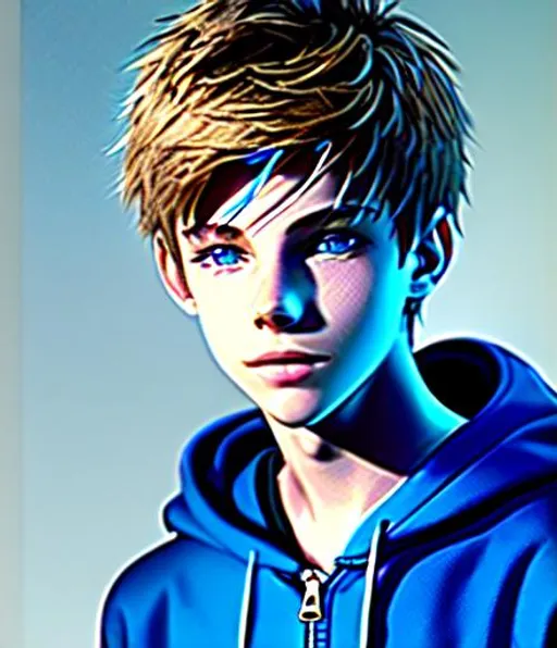 Prompt: Concept art, digital brush, Beautiful young teen boy, (16 year old kid) (messy hair)+ ((hair covering eye))++ emo cut, lightbrownhair boy, hair, sharp gaze, blue eyes, innocent, boy model, 16 years old, hot, pretty, cute, hoodie zipper, cinematic lighting, blue sky, bright colors, blue, green, yellow, white,  luminous, hyperdetailed, great composition, professional, artstation award, (white background)++ 