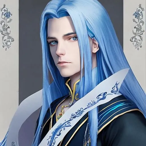 Prompt: Princess in dark castle, long blue hair, male