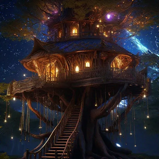 Prompt: "((Beautiful magical midnight elven Lothlorien treehouse with "overflowing burst of stars on rooftop."))!! Centred view; intricately hyperdetailed masterpiece; epic maximalist professional photograph by WLOP, Alan Lee, John Howe, Jordan Grimmer, MW Kaluta; finely detailed; deep rich contrasting colours; ray tracing reflections; dynamic lighting; volumetric lighting; Cinema 4D"