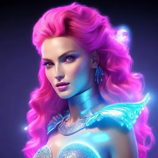 Prompt: HD 4k 3D 8k professional modeling photo hyper realistic beautiful woman ethereal greek goddess of eagerness
hot pink hair blue eyes gorgeous face black skin shining armor jewelry wing crown full body surrounded by magical glow hd landscape background running with greyhounds