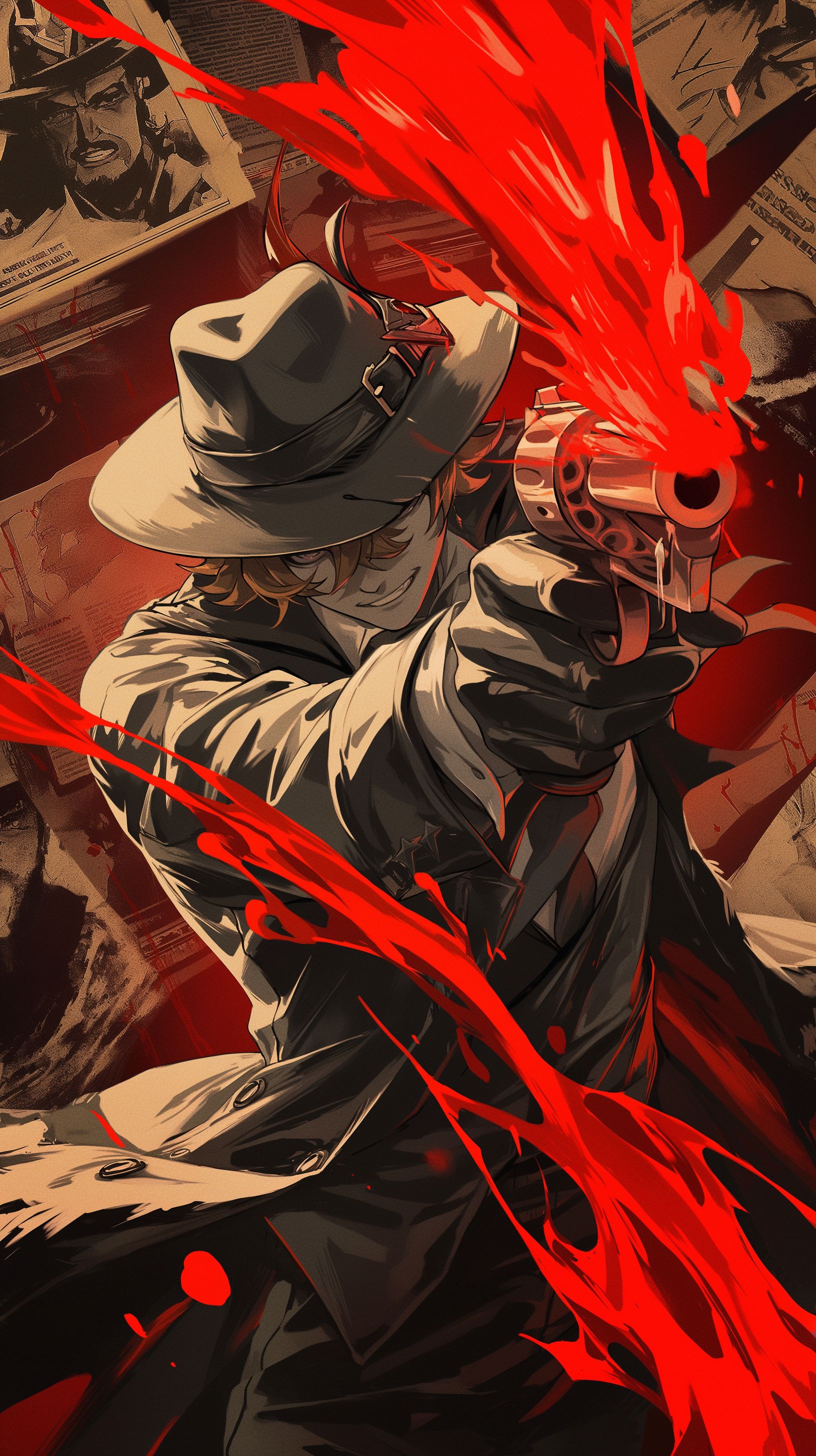 Prompt: Tartaglia from genshin impact fireing a tommy gun in a an old black and white photo on the cover of an old newspaper. The only color on the newspaper is the red of dried blood, he's in a cool dramatic pose holding the gun surrounded by black silloutes of other gansters around him, he is wearing an fedora with a wide brim --ar 9:16 --niji 6 