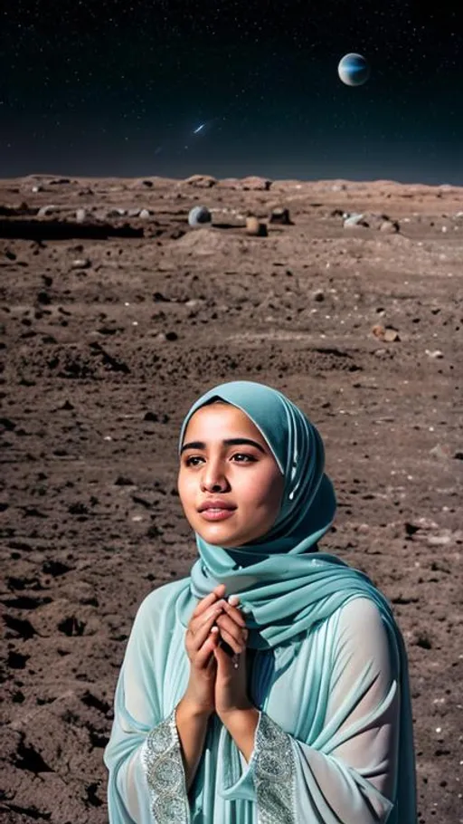 Prompt: Muslim girl, earth, the space, ultra-wide camera, stars, masterpiece, very beautiful, high resolution, detailed, dreamy atmosphere