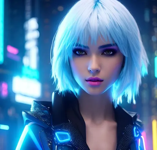 Prompt: girl with white hair, perfect Girl, neon futuristic coat, close-up rear view half body, perfect body, beautiful body, Facing , utopian, highly detailed, octane rendering, cinematic, highly detailed, vibrant, production cinematic character rendering, model Ultra High Quality, 8k Ultra HD, Full Body Visible, Lipgloss