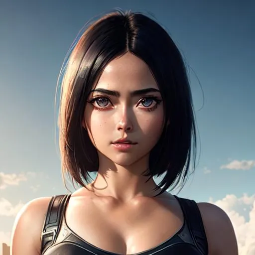 Prompt: alita, full body,brow eyes ,perfect composition, render trending on artstation, 8 k artistic photography, photorealistic concept art,natural volumetric cinematic perfect light, robotic ,black hair, Digital illustration, gorgeous ,perfect composition, render trending on artstation, 8 k artistic photography, photorealistic concept art, natural volumetric cinematic perfect light,cyborg