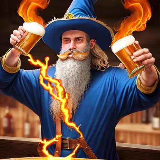 Prompt: wizard, beard, beer, lightning, fire