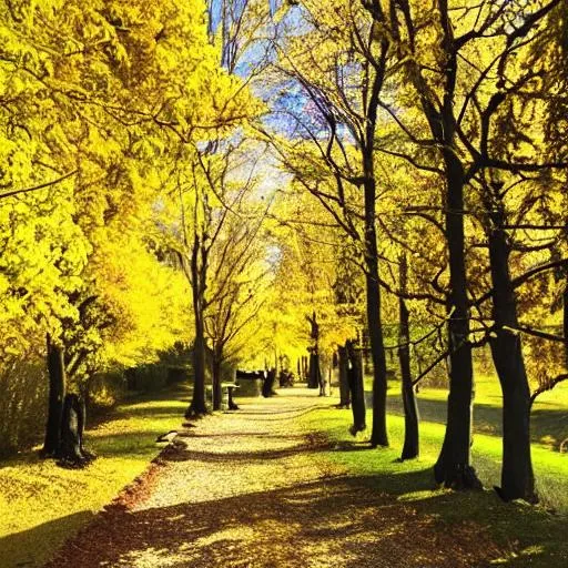 Prompt: Autumn day, sunny, path surrounded by trees with yellow leafs, beautiful