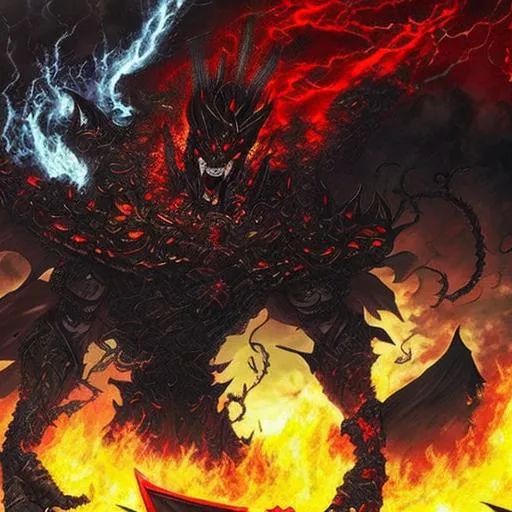 Prompt: (mega detailed) (4x+anime) Dark demon god standing, 100 feet tall, (black and red armor) (Black and red lightning blot imprint) black and red lightning skies. large sword in his hand, burning city behind