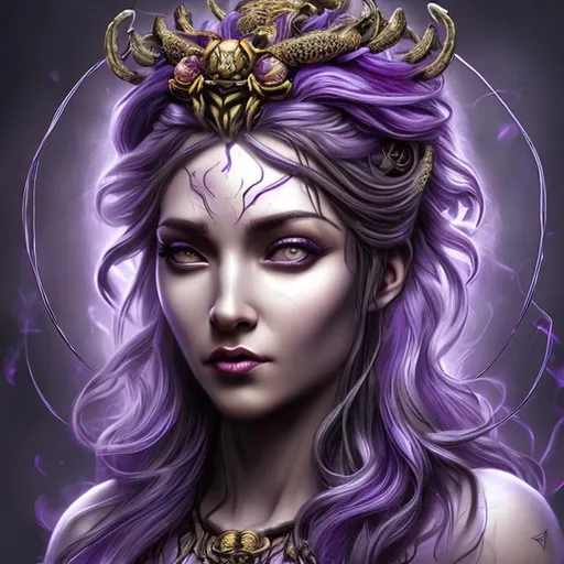 Prompt: Hyper realistic face feature goddess of spiders purple hyper detailed hairstyle and forehead crown
