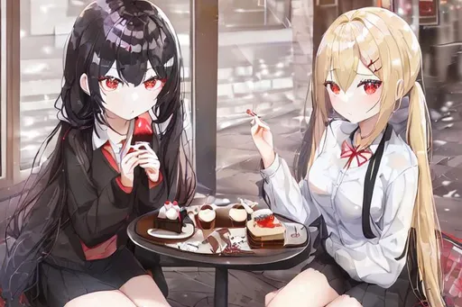 Prompt: One cute girl with black half-up pigtails, red eyes, looks mean, dressed black mini-skirt and black jacket, enjoying dessert with another cute girl who is {blonde long-straight hair and blue eyes}, pale skin, UHD, wearing white chiffon dress, looks kind, sitting in a coffee shop happily,in anime style, masterpiece, straight-on, upper body, detailed face, game cg