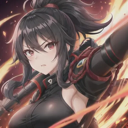 Prompt: woman, kunoichi, big hair black, eyes black, mask on mouth