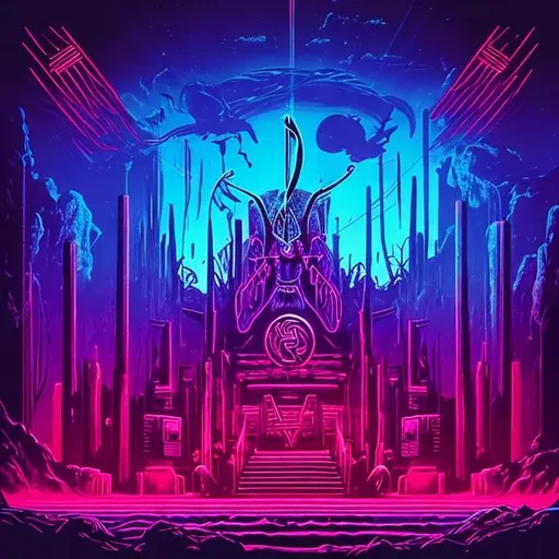 Prompt: Great synthwave viking hall. 