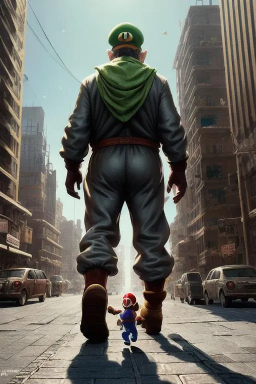 Prompt: old and dirty mario bros,with trash bag, walking on the dirty city, full body, suit without mask on head, hyper realistic, high fantasy, artstation, detailed, random background, cinematic