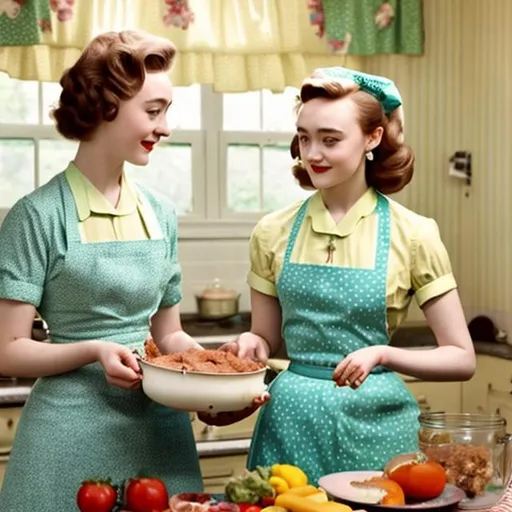 Prompt: Saoirse Ronan and Olivia Cooke in the roles of 1950s era housewives cooking as a massive meal that they spent all night making for their friends and family