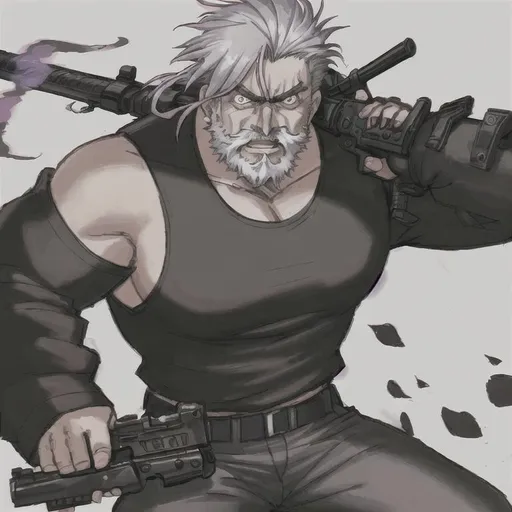 Prompt: Art is in 90's anime style. A huge, mentally deranged 90 year old man with a white short mullet and beard and burning black roses as his insane eye's irises. He is wearing a black tank top shirt and long grey pants. He has a Uzi sub-machine gun in his left hand and Civil war sword in his right hand. His mouth is contorted into a twisted grin and he is laughing manically.