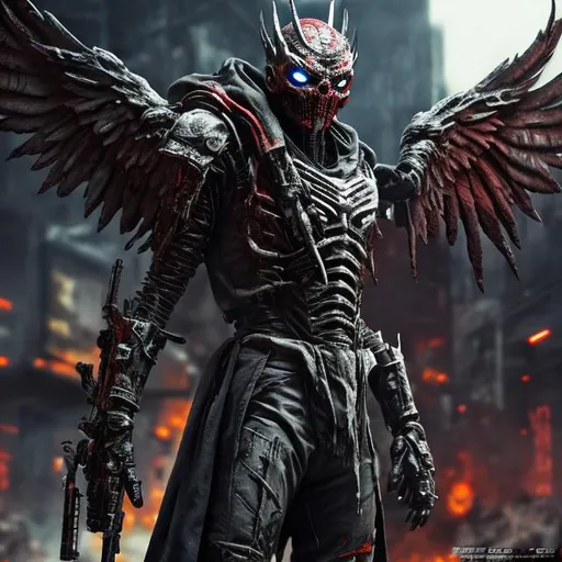Prompt: Maniac assassin winged demon. 4k
. Full body. Imperfect, Gritty, Todd McFarlane style futuristic army-trained villain. Bloody. Hurt. Damaged. Accurate. realistic. evil eyes. Slow exposure. Detailed. Dirty. Dark and gritty. Post-apocalyptic Neo Tokyo .Futuristic. Shadows. Sinister. Armed. Fanatic. Intense. 