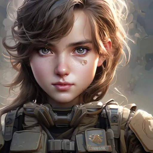 Prompt: Prompt

A beautiful {woman}, smooth soft skin, smart dreamy eyes, beautiful intricate brown colored hair, symmetrical,  wearing army ranger uniform, 75st ranger regiment insignia showing, smirking, defiant, anime eyes, soft lighting, detailed face, m16 in hands, by stanley artgerm lau, wlop, rossdraws, concept art, digital painting