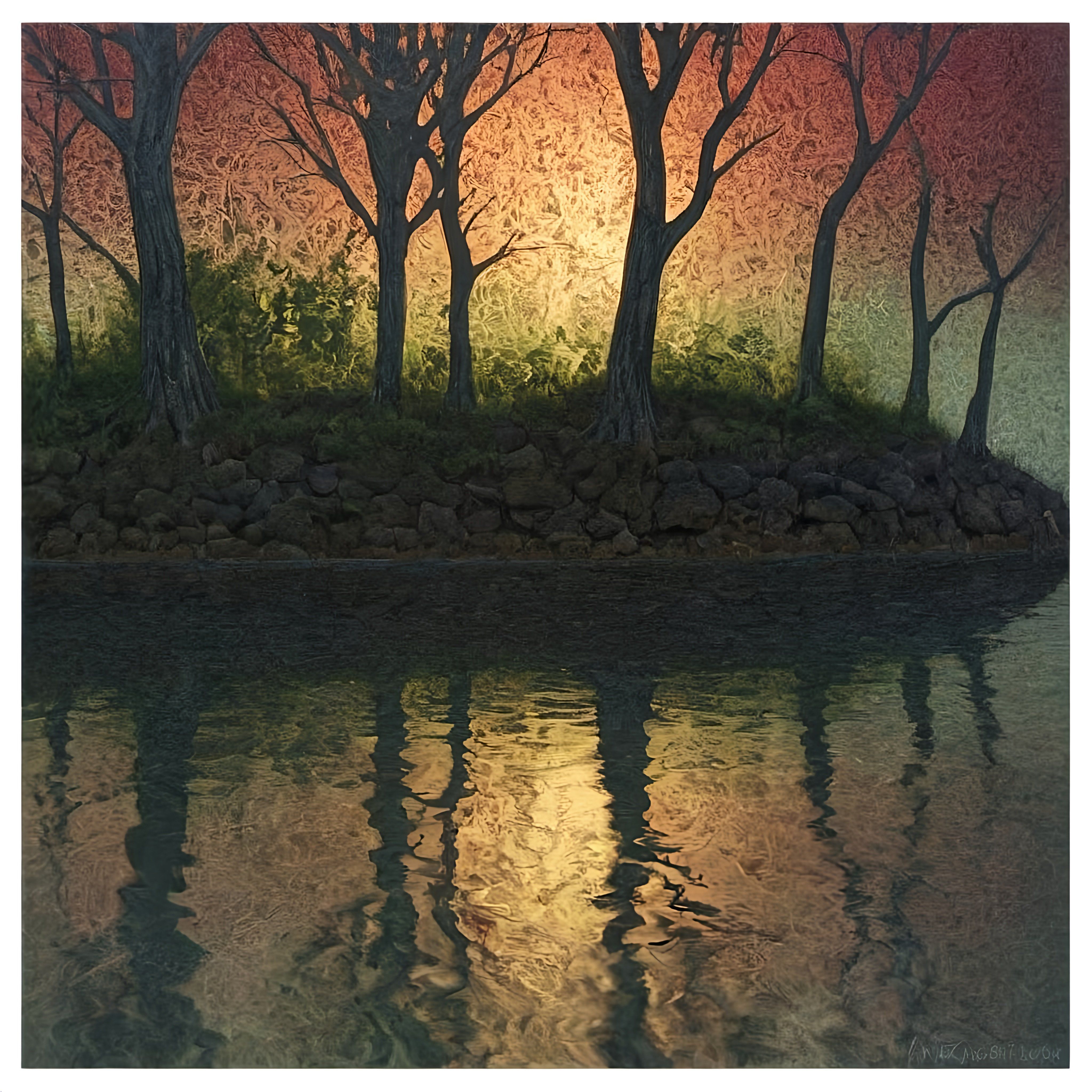 Prompt: a painting of trees and a body of water at night with a red sky in the background and a reflection of the water, kinetic pointillism, airbrush on canvas, an airbrush painting