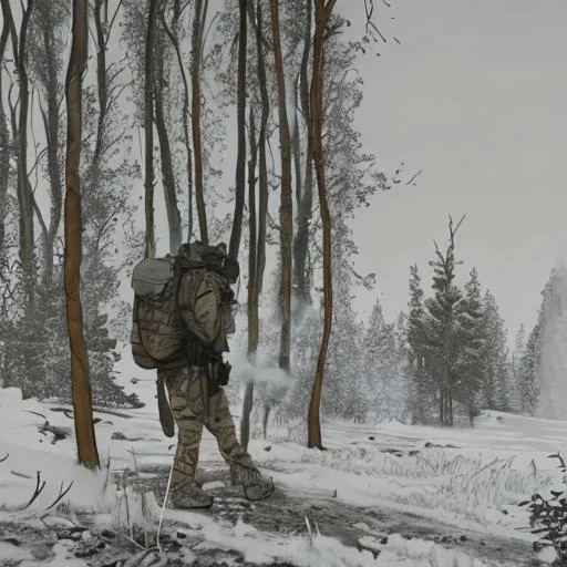 Prompt: Sniper stalking in the woods, trees, nuclear winter, burning objects, guns, camouflage, gas mask