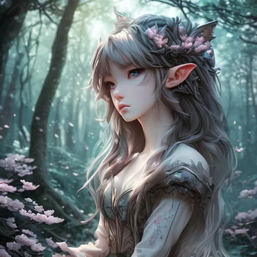 Prompt: (masterpiece) (highly detailed) (top quality) (cinematic shot)  anime style, front view, goddess of dark forest,realistic, instagram able, 1girl with elf ears walking into the forest, reflections, depth of field, 3D illustration, professional work, long hair, blonde hair, centered shot from below, blue dark eyes, cherry blossom dark forest, sunlight background, calling us to folow her.