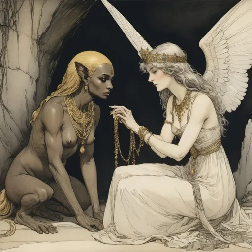 Prompt: Arthur Rackham, illustration of fine detail, masterpiece, a regal sphinx bestowing a golden necklace to a dark-skinned white haired princess, a shadowy figure hides in the background, fine etching, aged quality, lithograph