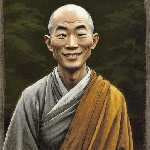 Prompt: Zen monk smiling in the style of Andrew Wyeth.