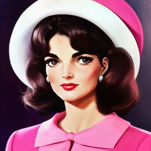 Prompt: Jackie Kennedy, pretty face, pink lips, 60s pillbox hat, closeup