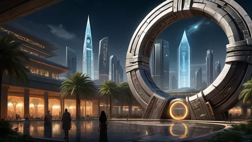 Prompt: magical portal between cities realms worlds kingdoms, circular portal, ring standing on edge, upright ring, freestanding ring, hieroglyphs on ring, complete ring, ancient sumerian architecture, gardens, hotels, office buildings, shopping malls, large wide-open city plaza, turned sideways view, futuristic cyberpunk tech-noir setting