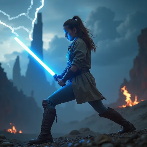 Prompt: A young woman wielding a single glowing lightsaber, poised for battle. She stands in a dynamic stance, her body slightly turned as she prepares to strike. The lightsaber emits a vibrant blue glow, illuminating her determined expression. The background features a futuristic landscape with towering structures and swirling clouds with glimpses of lightning, hinting at an impending storm. There are faint flames of torches and bonfires in the distance. The scene is bathed in dramatic lighting, with shadows contrasting against the bright lightsaber, creating an intense atmosphere. The camera angle captures her from a low perspective, emphasizing her strength and readiness for combat.