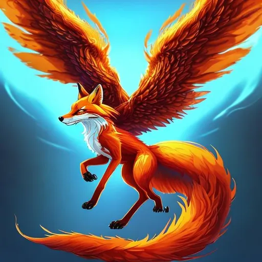 Prompt: mix breed of a fox and a phoenix, fox body and head but with the wings of a phoenix. Smooth lines,vibrant  colors, realistic 3d art, fantasy art. nine tailed fox
