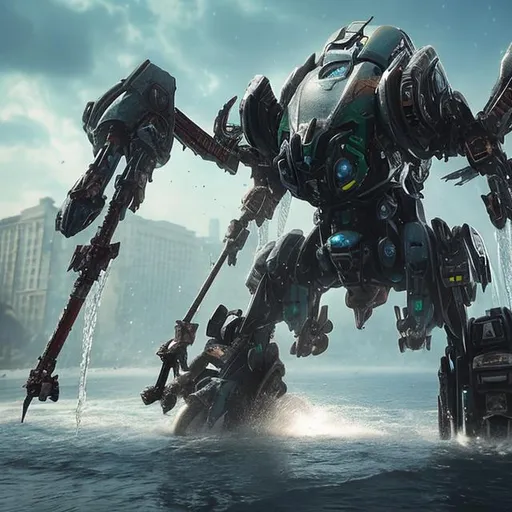 Prompt: Epic mech beetle fighting water jet mech in the middle of a miliatary compound