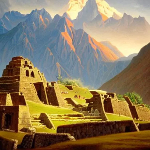 Prompt: a beautiful painting, of Incan Ruins, with snow Covered Andean Mountains in the background, art by christophe vacher