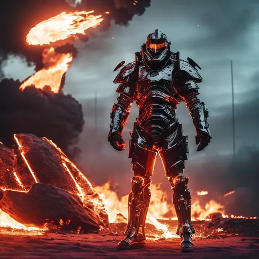 Prompt: Man in heavy futuristic Armour, fire in Background