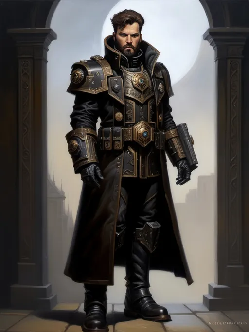 Prompt: full-body oil painting of male warhammer 40k psyker, short brown thick hair and full beard, worry lines, dark tones, (warhammer 40k psyker), black duster overcoat trench-coat, dark black gunmetal armor and clothes color, gunmetal hi-tech epaulets and bracers, hi-tech psyker breastplate chest plate, confident epic standing pose, (highly detailed piercing brown eyes), highly detialed facial features, utility pouches attached to belt, high gothic fantasy, imperium of man, 19th century impressionism brushwork, under-lit up-lit face, black gloves, painterly, black heavy-sole boots, black riding pants, (soft highlights), black gaiters, (psyker), wh40k highly detailed hands, painted, art, illustrated, painterly, painted, art, illustrated 