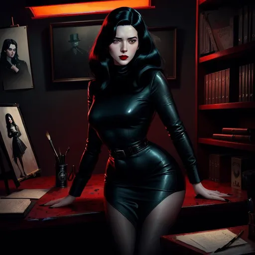 Prompt: "the femme fatale" (painting) by ((((style of Greg Rutkowski)))), digital painting, (gritty vintage noir),  classy noir woman with long black hair, blue eyes, and red lips, wearing a black (high neck minidress), set in a warmly lit private detective's office
