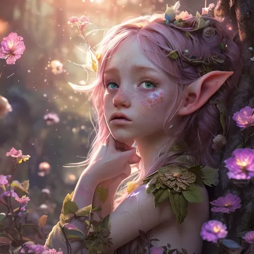 Prompt: UHD, environment, bloom, Leaves, flowers, Highly detailed, HD colour, Young girl, galaxy hair, elf ears, freckles, sunbeams, yellow eyes