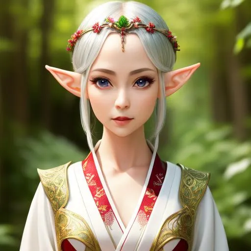 Prompt: Realistic, insanely beautiful elf, thin_short_small_ears, Highly Detailed body, smooth, wine Furisode, entire body shown, random silver hair, circlet, full body, cinematic, 64K, UHD,