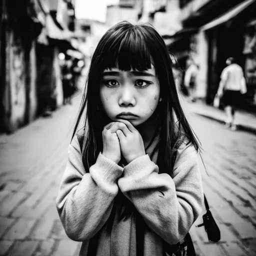 Prompt: a girl in street with sad face
